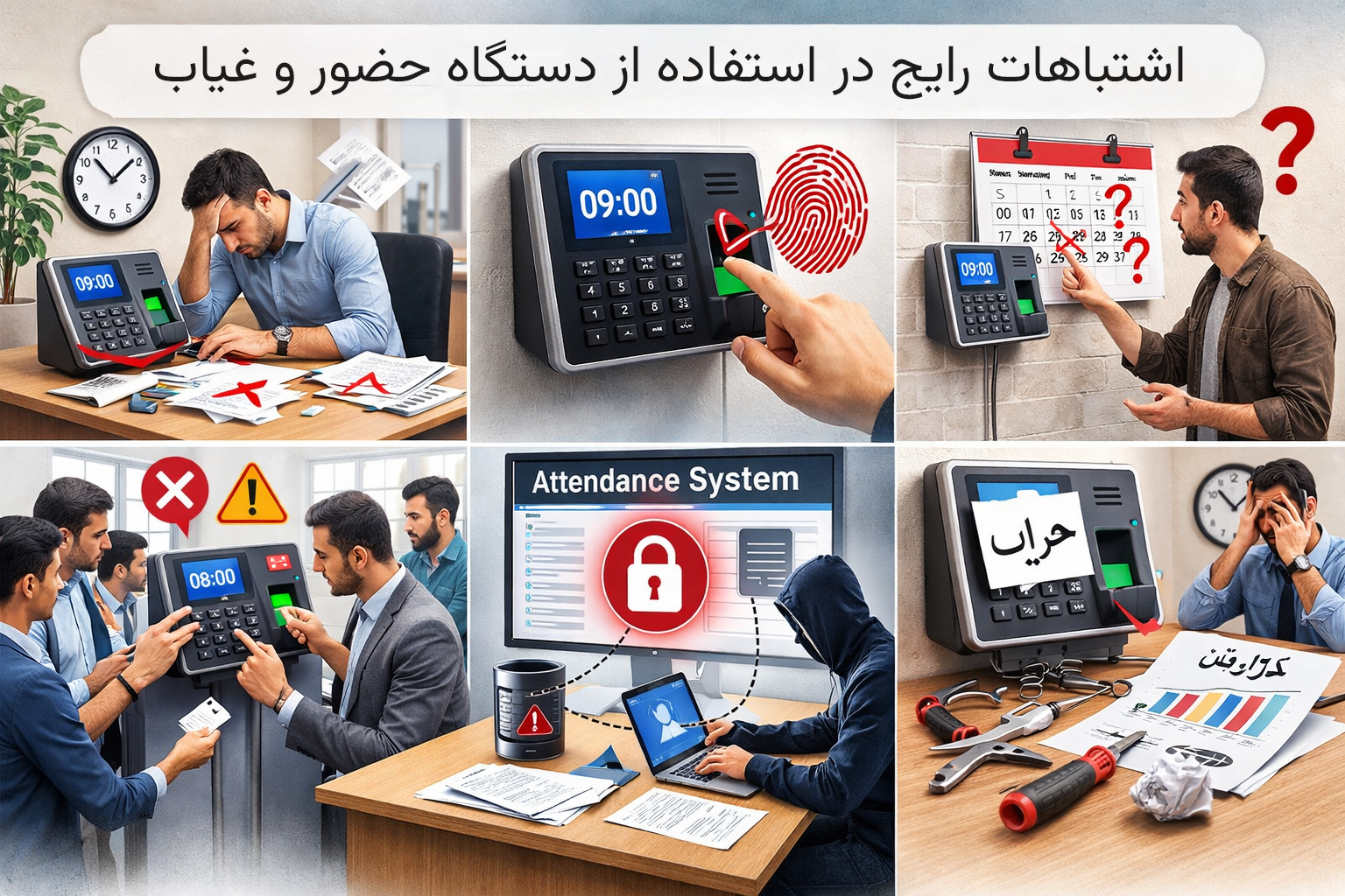 ۵ اشتباه رایج در استفاده از دستگاه حضور و غیاب (و راهکارهای جلوگیری از آن‌ها)