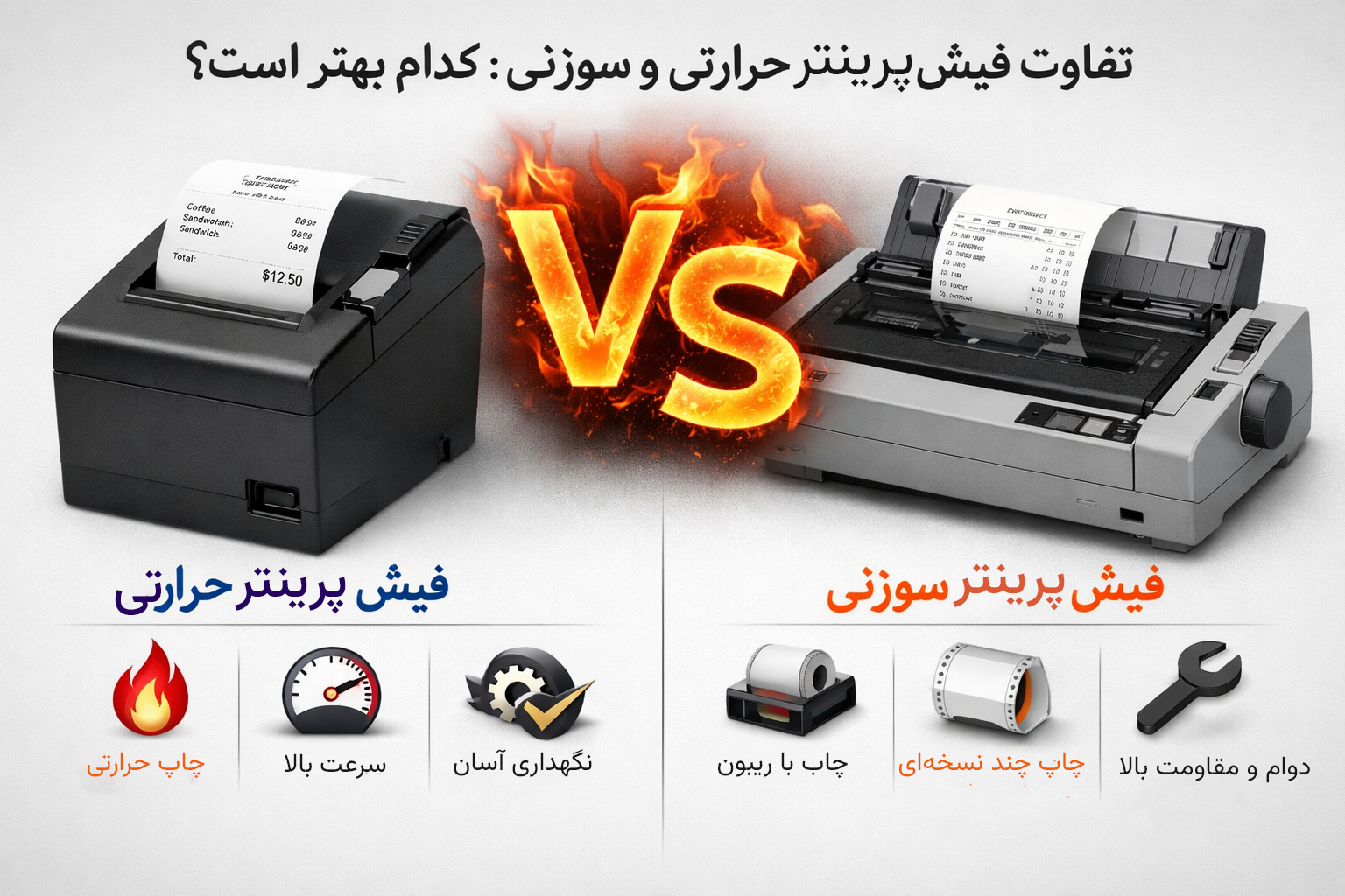 تفاوت فیش پرینتر حرارتی و سوزنی؛ مقایسه کامل مزایا، معایب و راهنمای انتخاب بهترین مدل